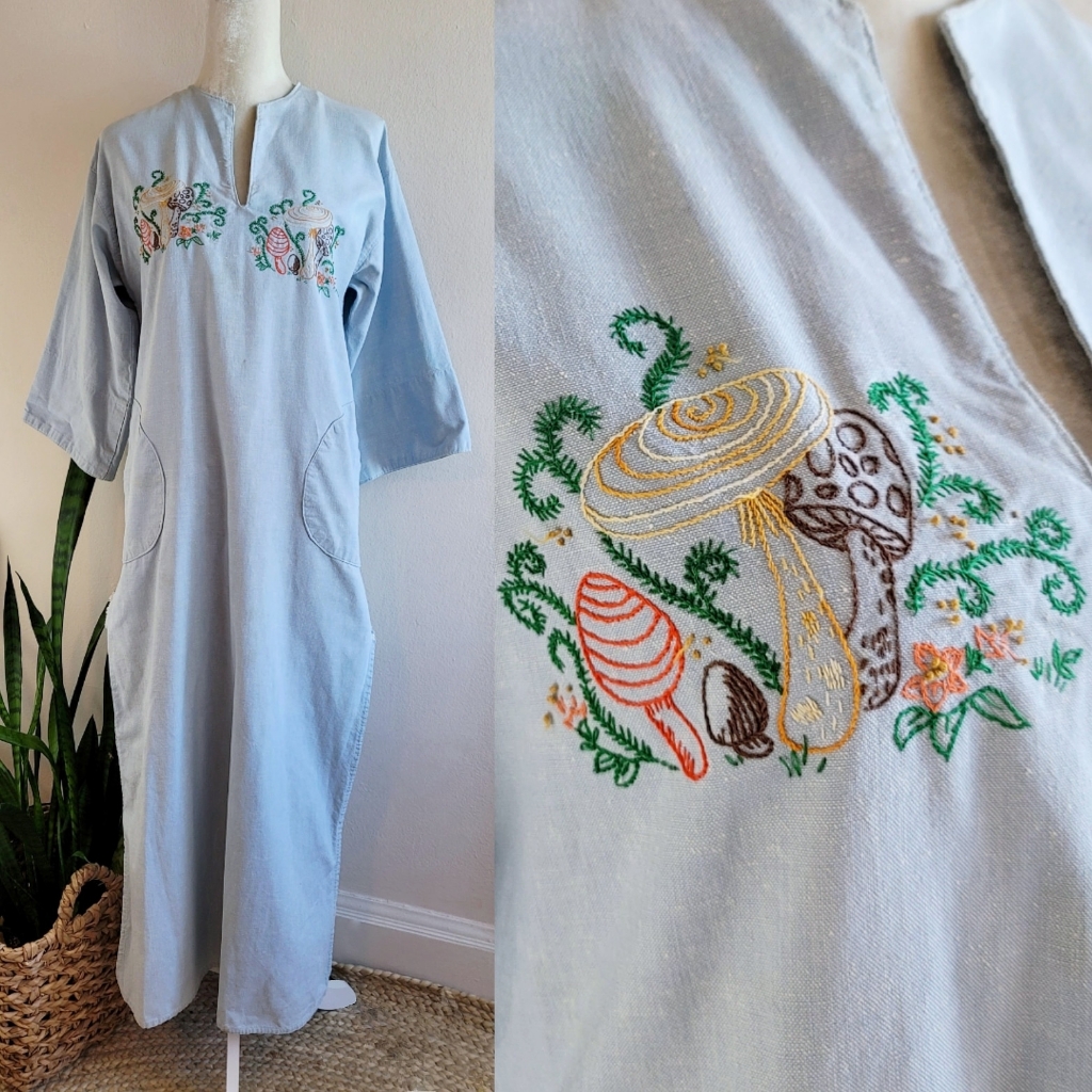 Vtg 70s Embroidered Mushroom Denim Caftan Dress